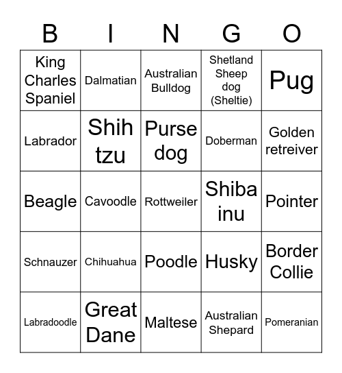 Dog Breed Bingo Card