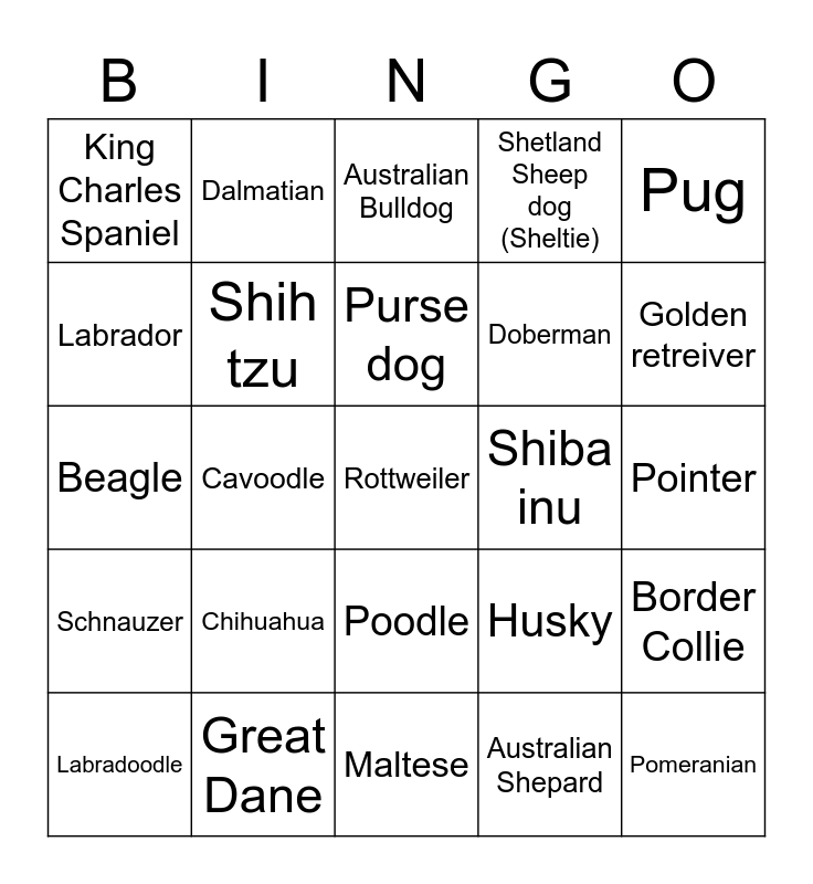 Dog Breed Bingo Card