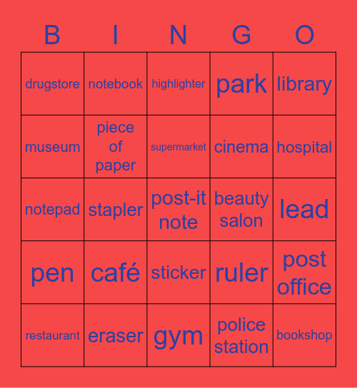SCHOOL MATERIAL AND PLACES IN TOWN Bingo Card