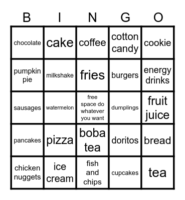 random food bingo Card