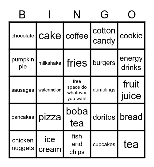 random food bingo Card