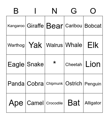 Animal Bingo Card