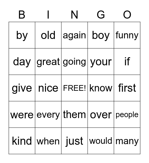 Sight Words Bingo Card