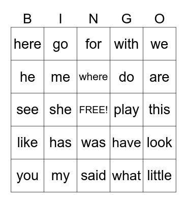 Sight Words Bingo Card