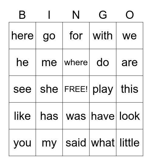 Sight Words Bingo Card