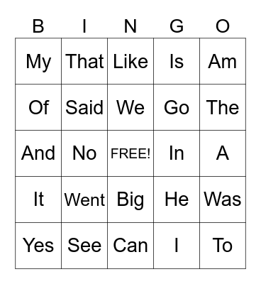 Sight Words Bingo Card
