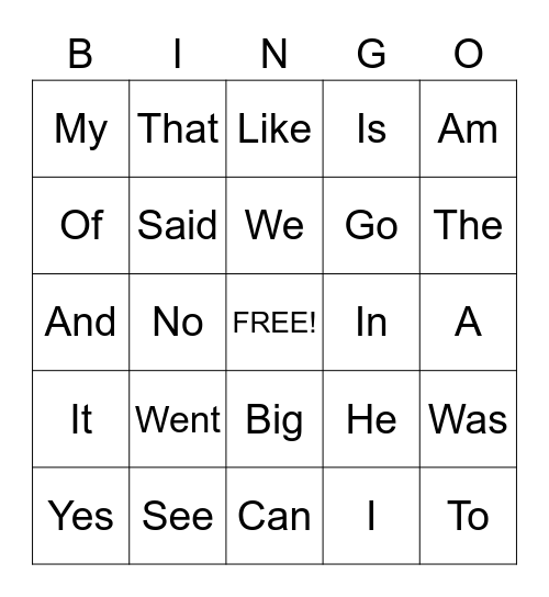 Sight Words Bingo Card