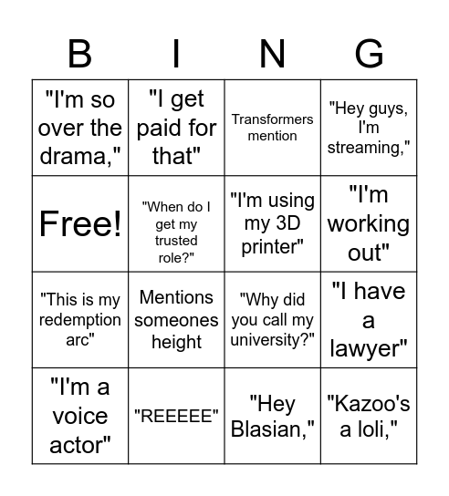 AngrySlug Bingo Card