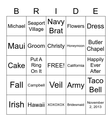 Bridal Shower Bingo, Bridal Shower Bingo Card