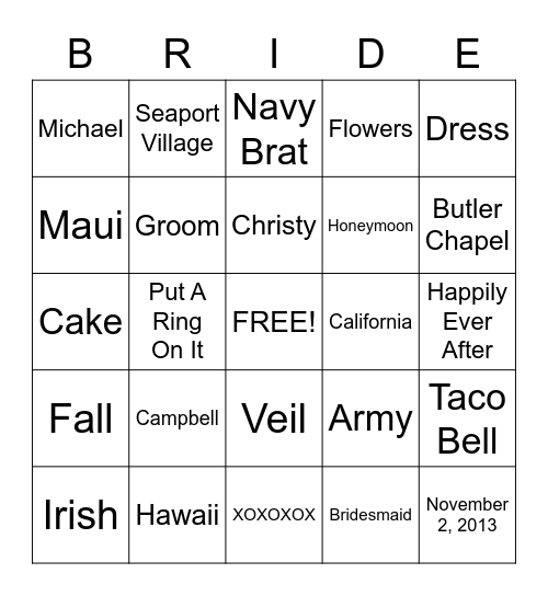 Bridal Shower Bingo, Bridal Shower Bingo Card