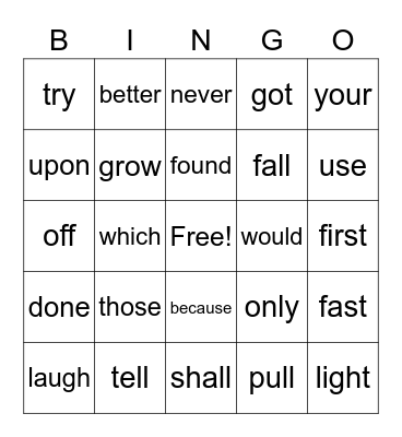 Sight Words Bingo Card