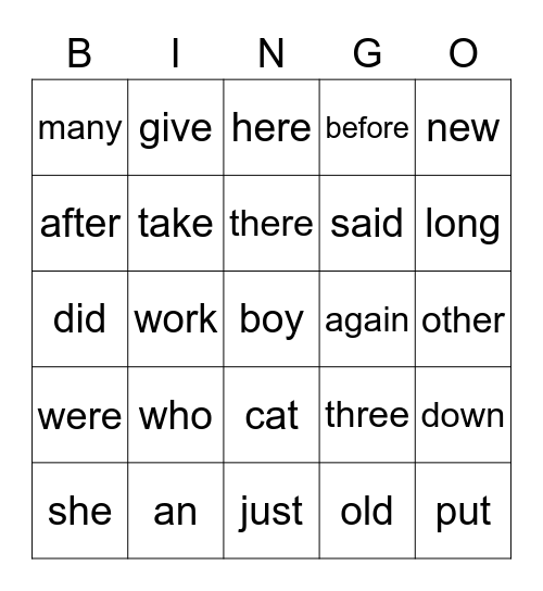 Sight Words Bingo Card