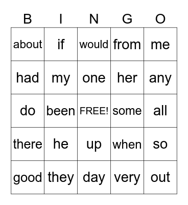 Sight Words Bingo Card