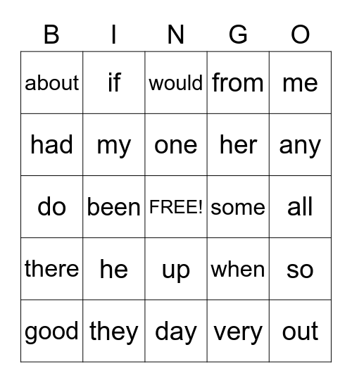 Sight Words Bingo Card