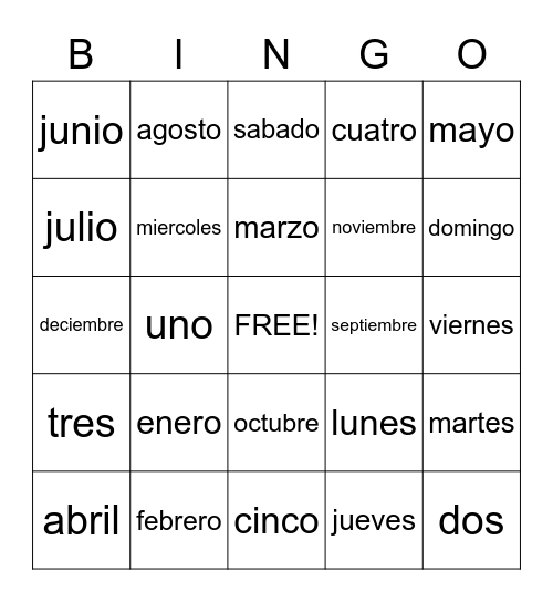 Calendar Bingo Card