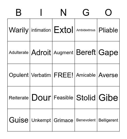 Vocabulary Bingo Card