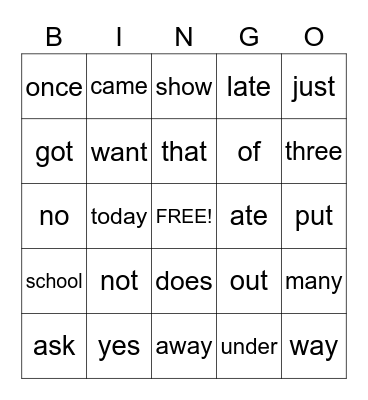 Sight Words Bingo Card
