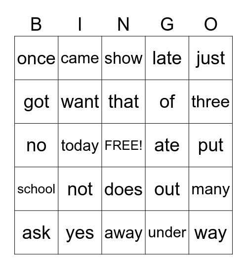 Sight Words Bingo Card
