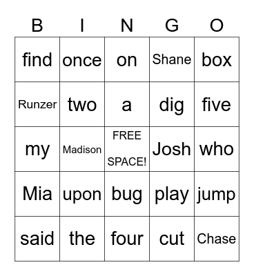 Sight Words Bingo Card