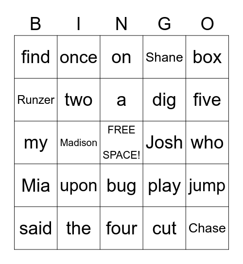 Sight Words Bingo Card