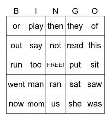 Sight Words Bingo Card