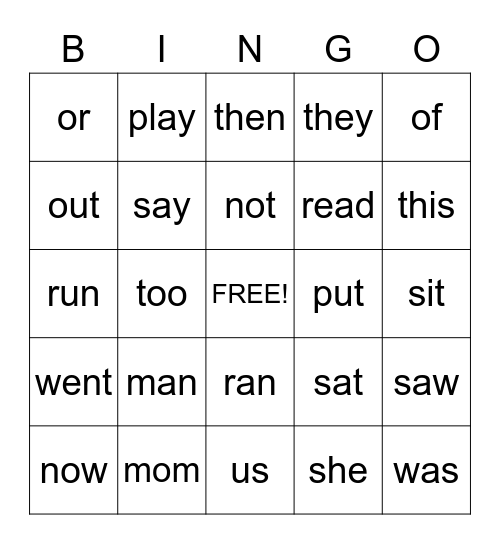 Sight Words Bingo Card