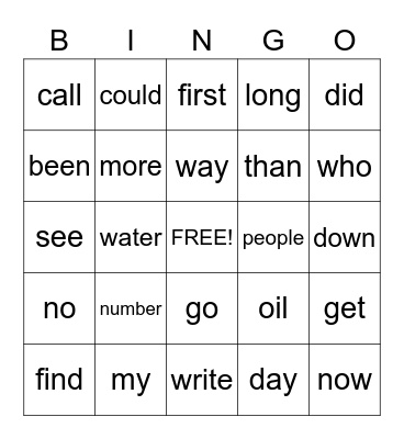 Sight Words Bingo Card
