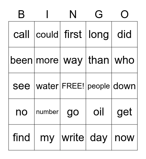Sight Words Bingo Card