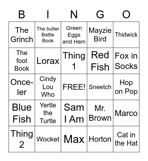 Dr. Seuss Bingo  Bingo Card