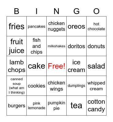 random food and drinks bingo Card