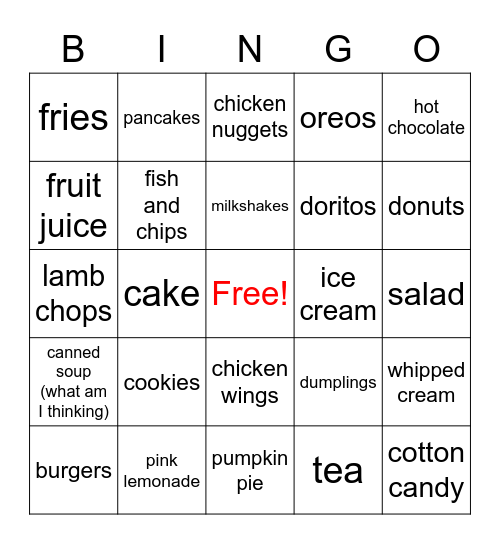 random food and drinks bingo Card