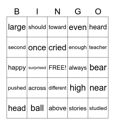 Sight Words Bingo Card