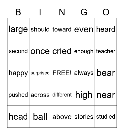 Sight Words Bingo Card