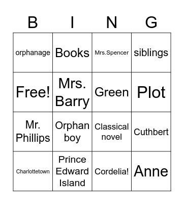 Anne of  Green Gables Bingo Card