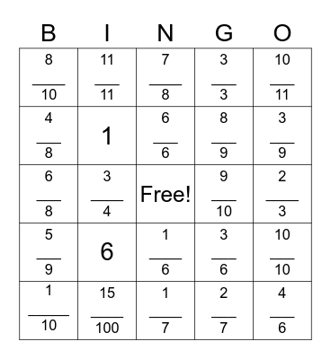 Fractions Bingo Card