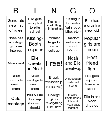 Kissing Booth BETS Bingo Card