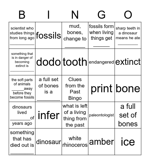 CLues From the Past Bingo Card