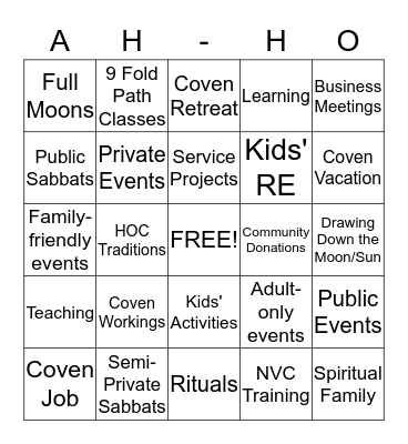 Coven Calendar Planning Bingo Card