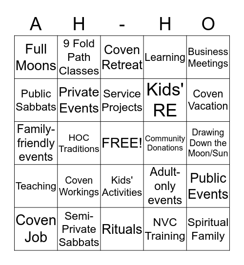 Coven Calendar Planning Bingo Card