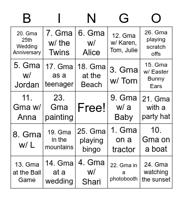 Grandma Bingo Card