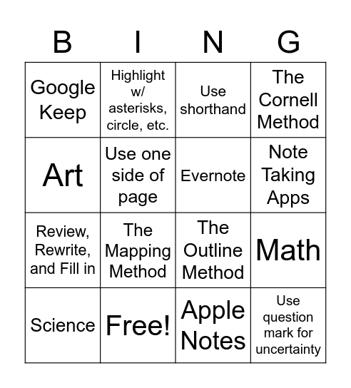 Note-Taking Bingo Card