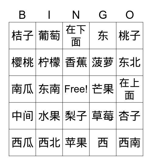 水果 - 丽娜中文 Bingo Card