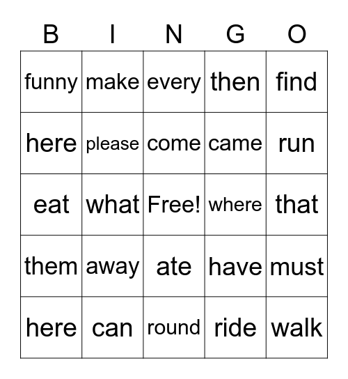 Evan Word List Bingo Card