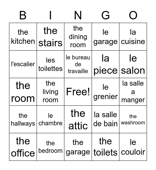 Rooms in the house Bingo Card