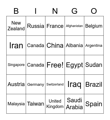 Country names Bingo Card