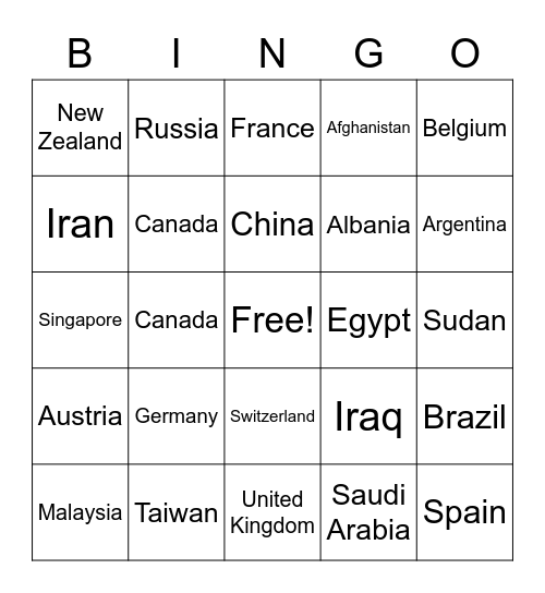 Country names Bingo Card