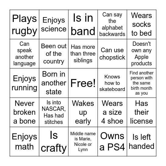 Find someone who Bingo Card