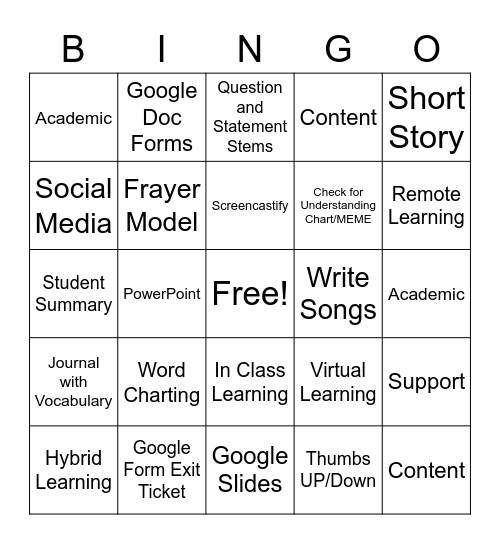 Vocabulary & Closure Bingo Card