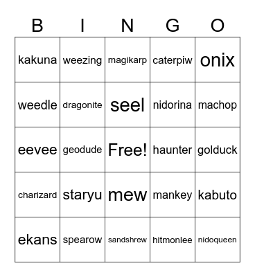 Pokemon Bingo Card
