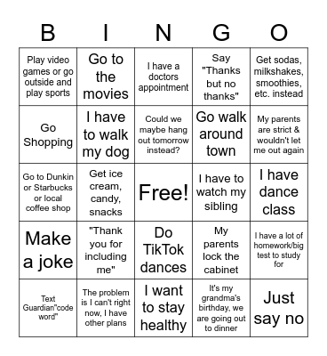 Refusal Skills Bingo Card